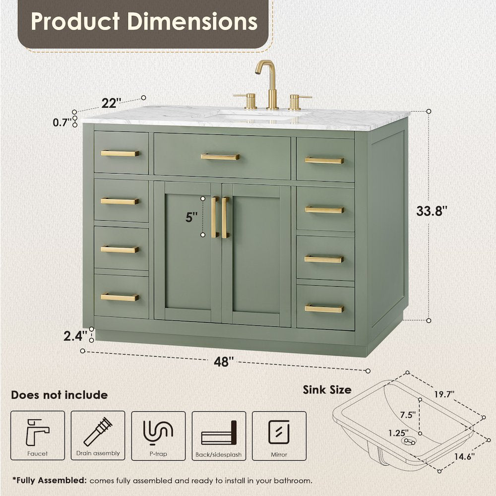48" Single Bathroom Vanity Set in Vintage Green, Carrara White Marble Countertop