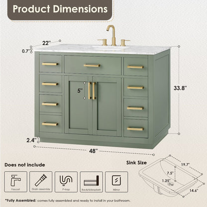 48" Single Bathroom Vanity Set in Vintage Green, Carrara White Marble Countertop