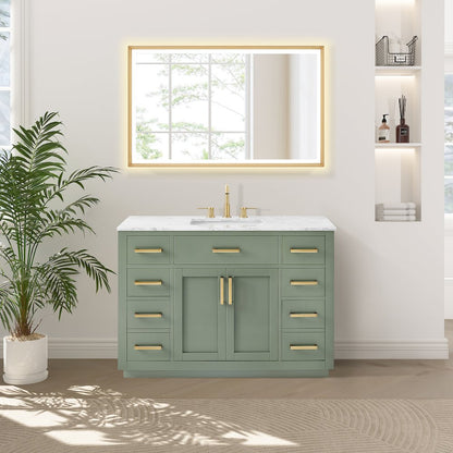 48" Single Bathroom Vanity Set in Vintage Green, Carrara White Marble Countertop