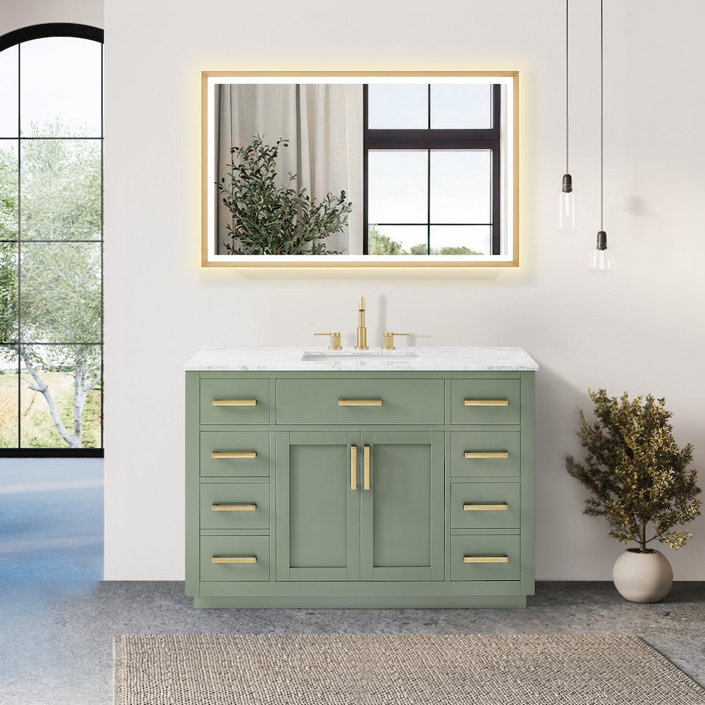 48" Single Bathroom Vanity Set in Vintage Green, Carrara White Marble Countertop