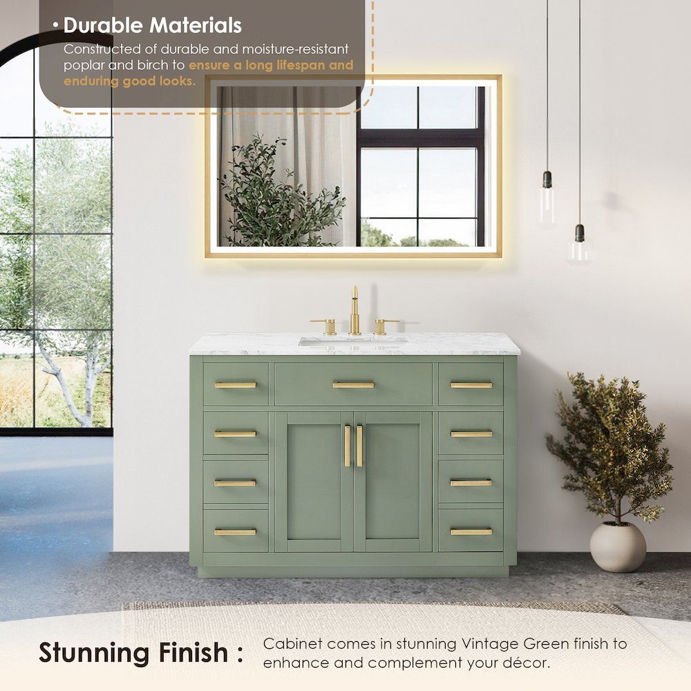 48" Single Bathroom Vanity Set in Vintage Green, Carrara White Marble Countertop