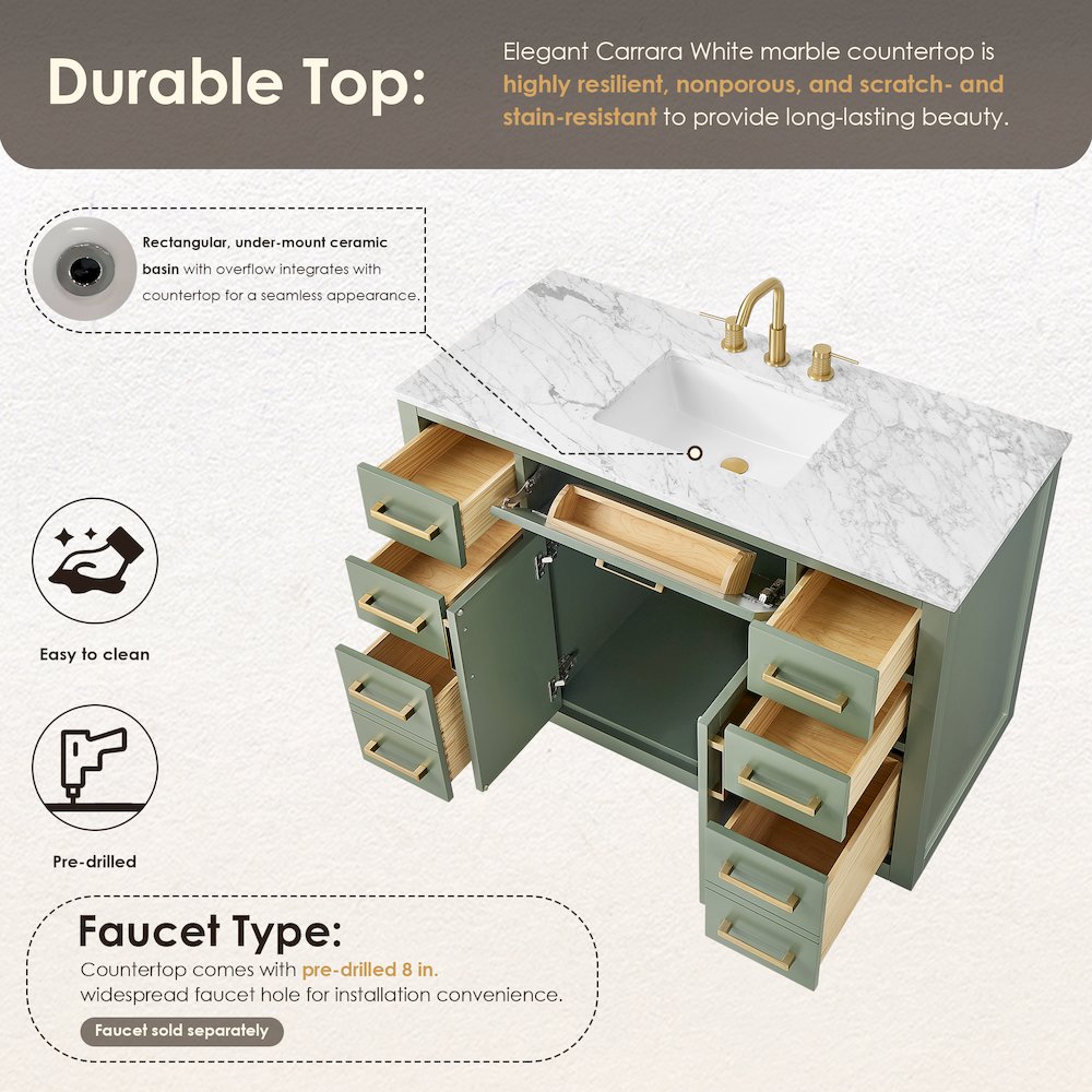 48" Single Bathroom Vanity Set in Vintage Green, Carrara White Marble Countertop