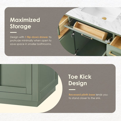 48" Single Bathroom Vanity Set in Vintage Green, Carrara White Marble Countertop
