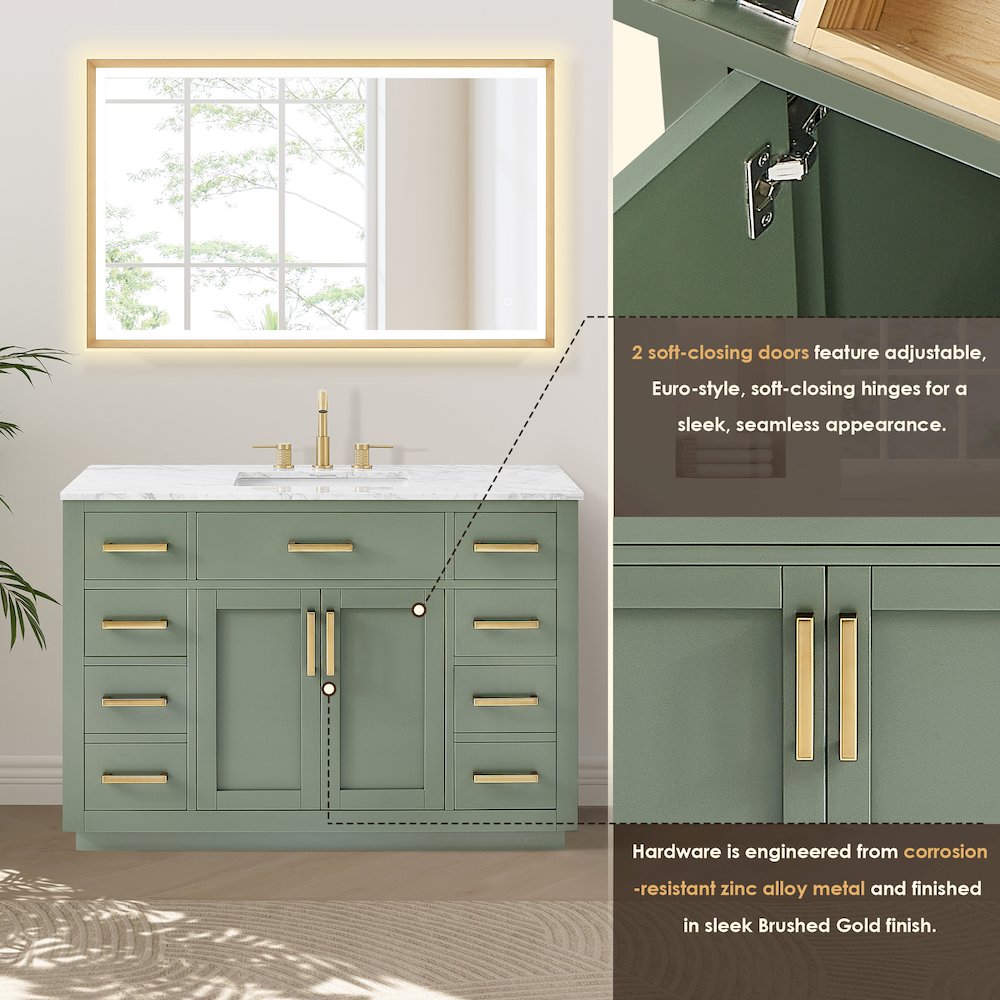 48" Single Bathroom Vanity Set in Vintage Green, Carrara White Marble Countertop