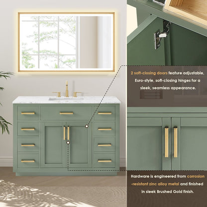 48" Single Bathroom Vanity Set in Vintage Green, Carrara White Marble Countertop