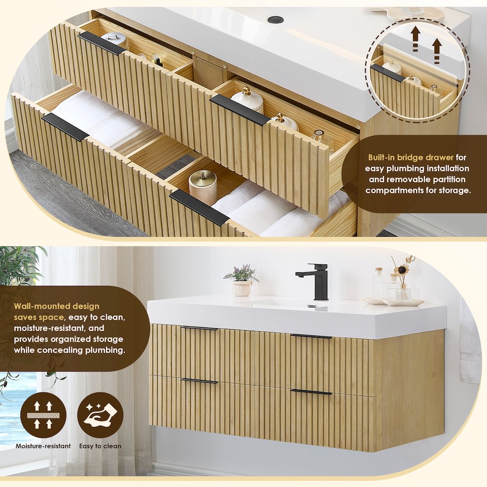 Single Bathroom Vanity in Nature Brown White Artificial Drop-in Sink