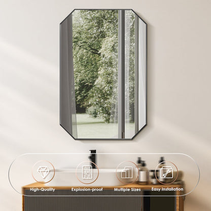 24"x36" Octagon Aluminum Framed in Matte Black Modern Bathroom Wall Mirror