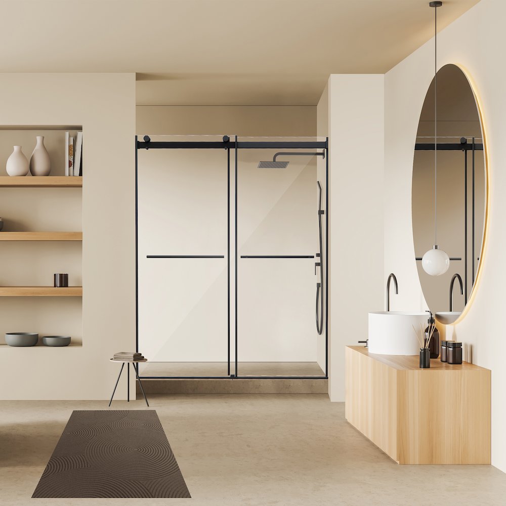 Frameless Exposed Roller Shower Door in Matte Black with Clear Glass