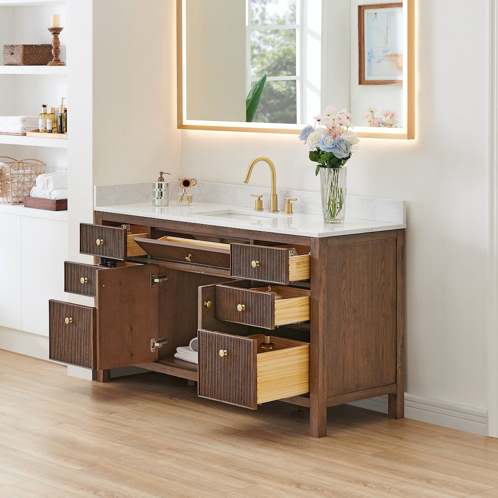 Single Bathroom Vanity in Brown Oak Grain White Engineered Stone Countertop