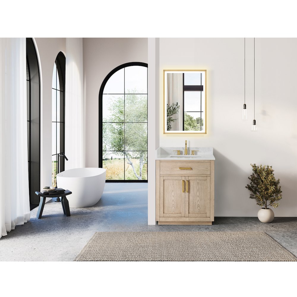 30"Single Bathroom Vanity in Natural Ash,Grain White Engineered Stone Countertop