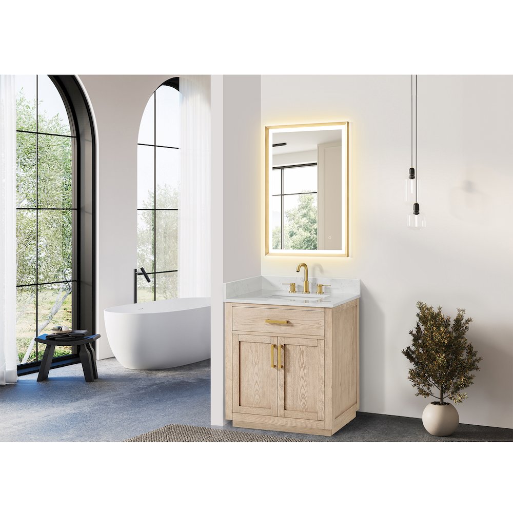 30"Single Bathroom Vanity in Natural Ash,Grain White Engineered Stone Countertop