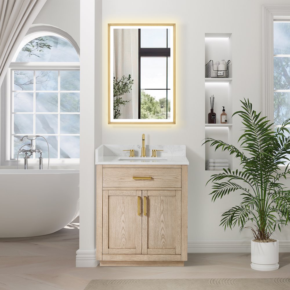 30"Single Bathroom Vanity in Natural Ash,Grain White Engineered Stone Countertop