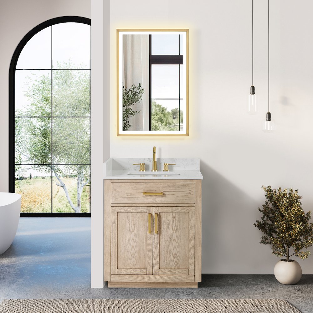 30"Single Bathroom Vanity in Natural Ash,Grain White Engineered Stone Countertop
