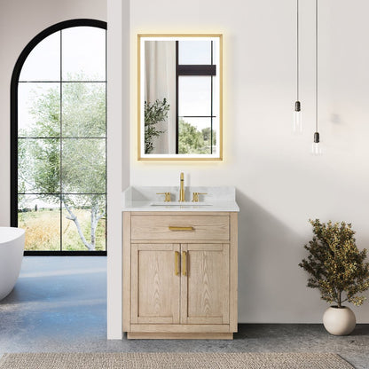 30"Single Bathroom Vanity in Natural Ash,Grain White Engineered Stone Countertop