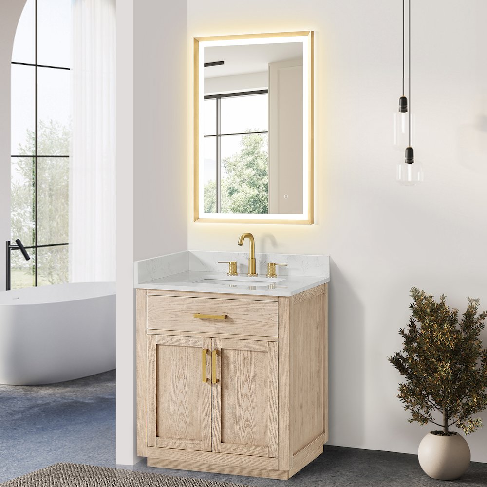 30"Single Bathroom Vanity in Natural Ash,Grain White Engineered Stone Countertop