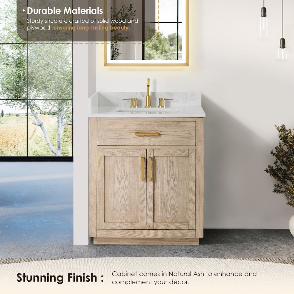30"Single Bathroom Vanity in Natural Ash,Grain White Engineered Stone Countertop