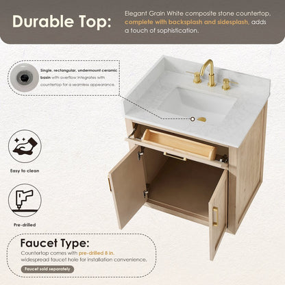 30"Single Bathroom Vanity in Natural Ash,Grain White Engineered Stone Countertop