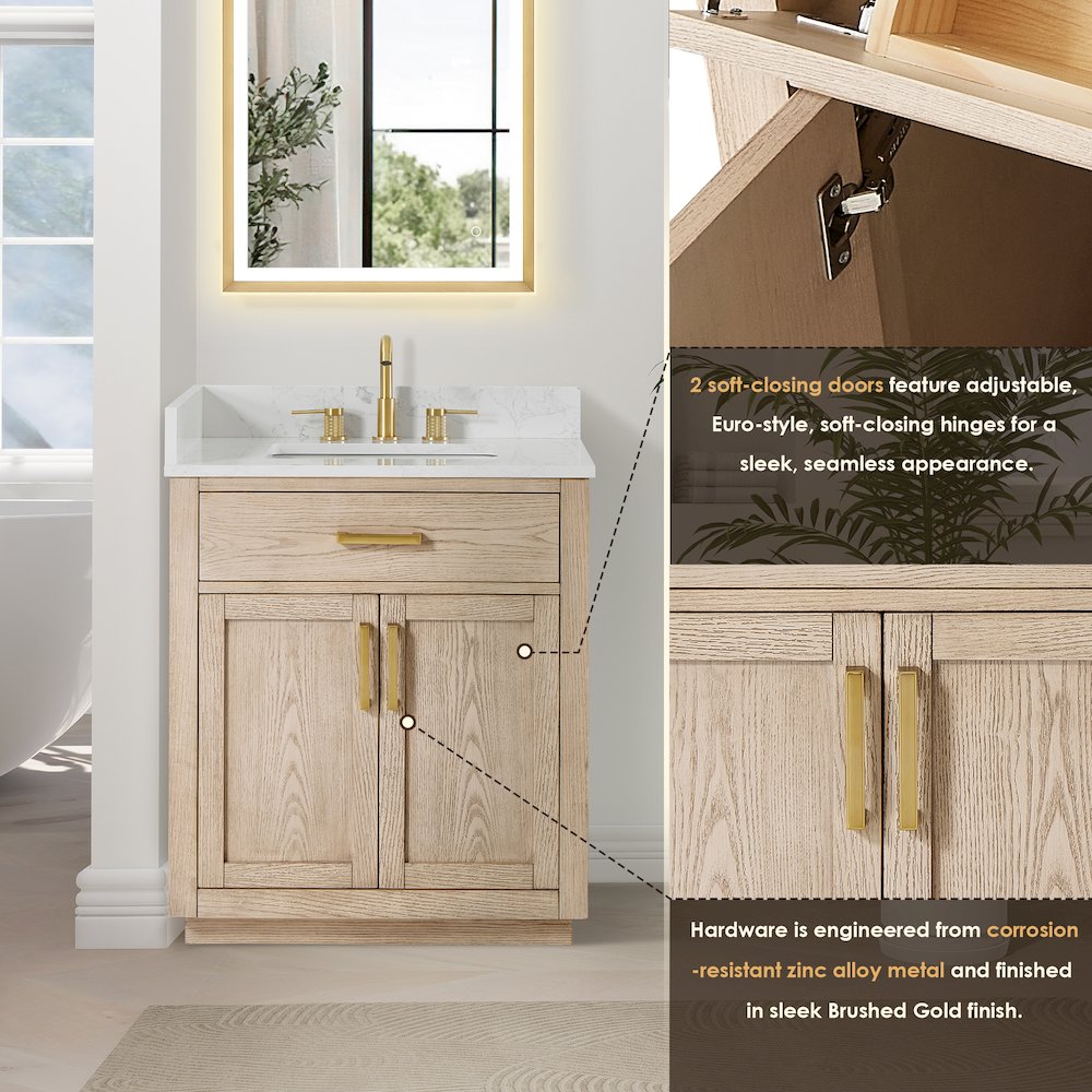 30"Single Bathroom Vanity in Natural Ash,Grain White Engineered Stone Countertop