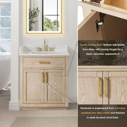 30"Single Bathroom Vanity in Natural Ash,Grain White Engineered Stone Countertop