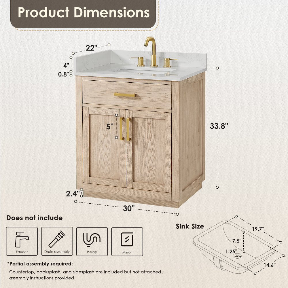 30"Single Bathroom Vanity in Natural Ash,Grain White Engineered Stone Countertop