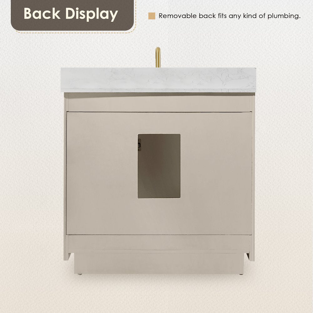36"Single Bathroom Vanity in Natural Ash,Grain White Engineered Stone Countertop