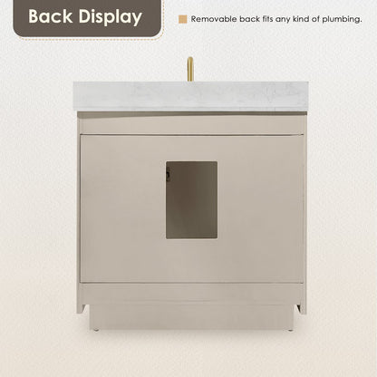 36"Single Bathroom Vanity in Natural Ash,Grain White Engineered Stone Countertop