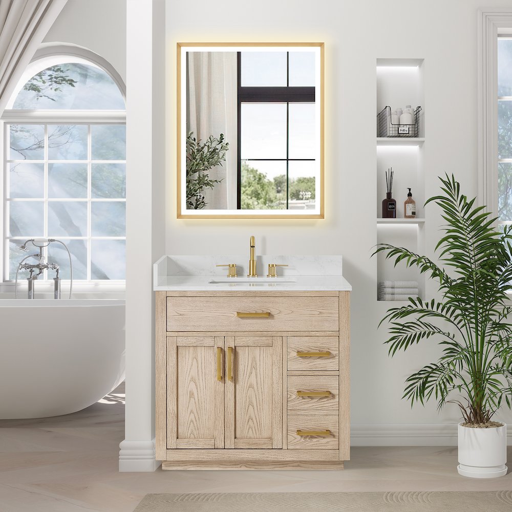 36"Single Bathroom Vanity in Natural Ash,Grain White Engineered Stone Countertop