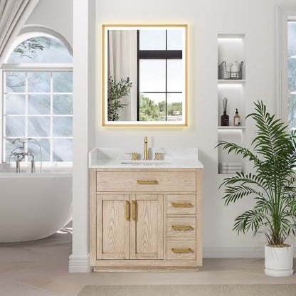 36"Single Bathroom Vanity in Natural Ash,Grain White Engineered Stone Countertop