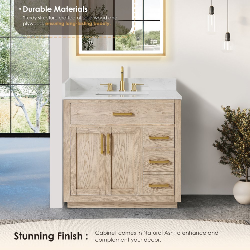 36"Single Bathroom Vanity in Natural Ash,Grain White Engineered Stone Countertop