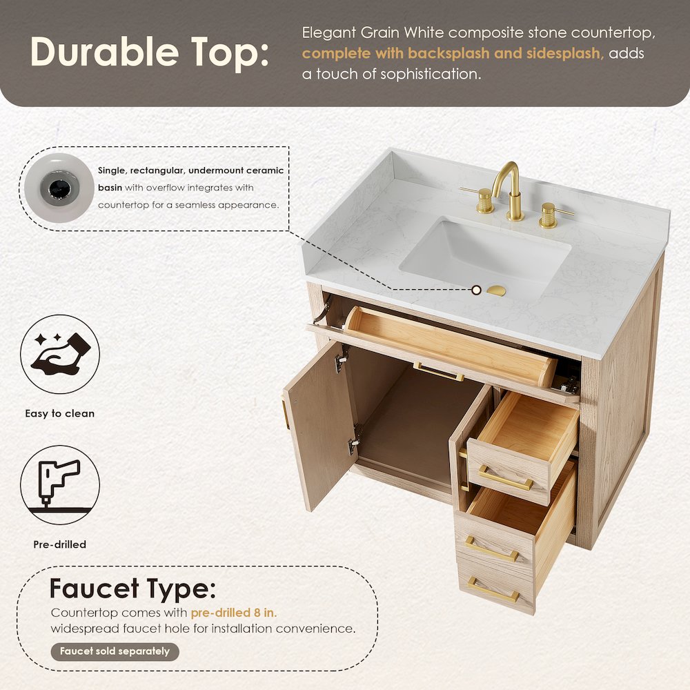 36"Single Bathroom Vanity in Natural Ash,Grain White Engineered Stone Countertop