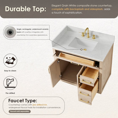 36"Single Bathroom Vanity in Natural Ash,Grain White Engineered Stone Countertop