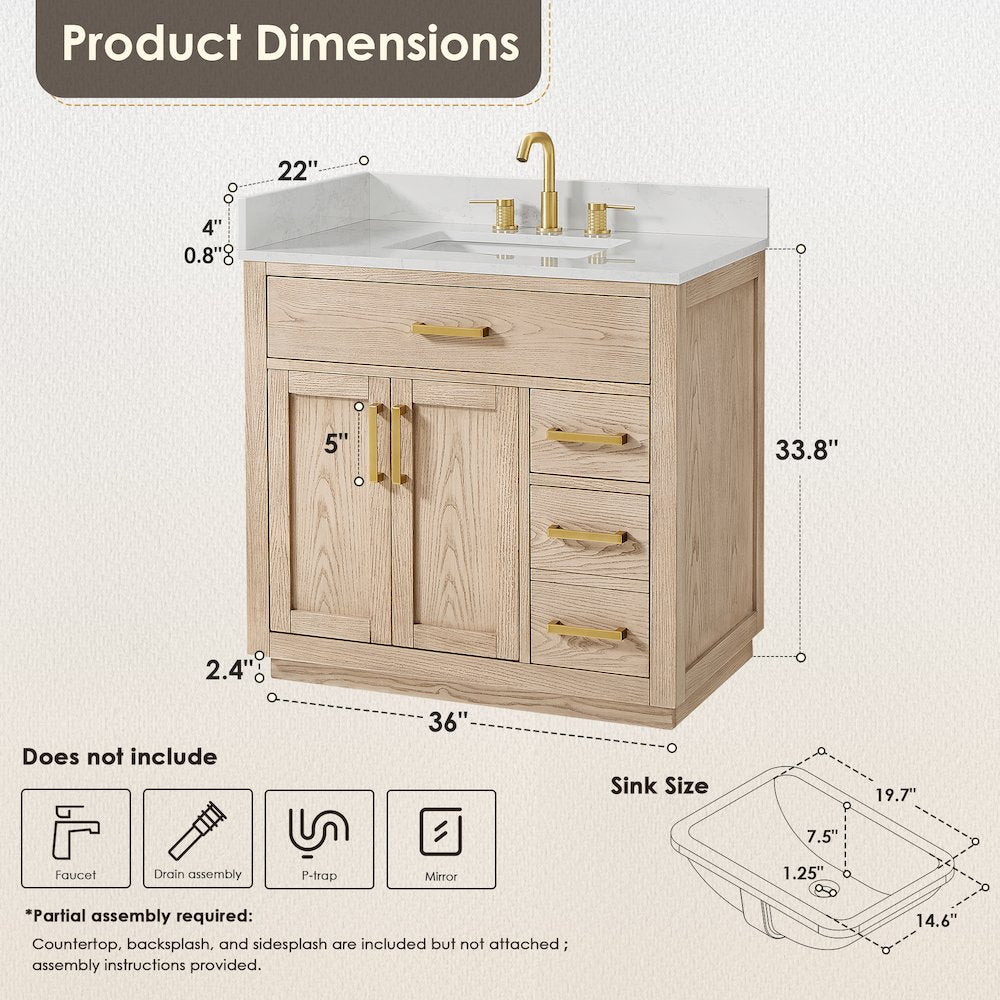 36"Single Bathroom Vanity in Natural Ash,Grain White Engineered Stone Countertop