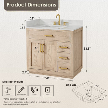 36"Single Bathroom Vanity in Natural Ash,Grain White Engineered Stone Countertop
