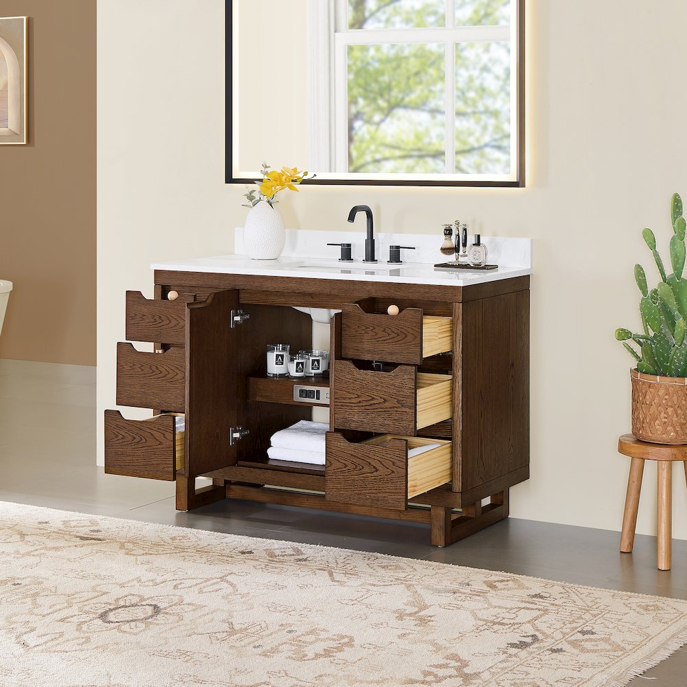 48" Single Bathroom Vanity in Brown Brushed Oak with Grain White