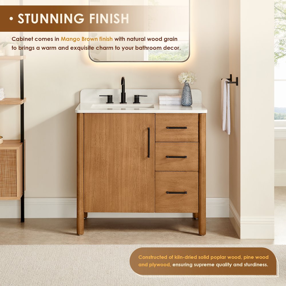36" Single Bathroom Vanity in Mango Brown with Grain White