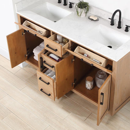 60" Double Bathroom Vanity in Light Brown with Mirror