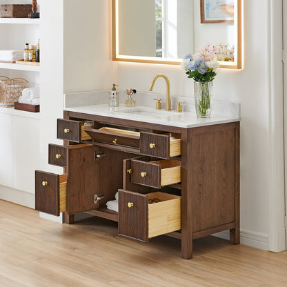 Single Bathroom Vanity in Brown Oak Grain White Engineered Stone Countertop