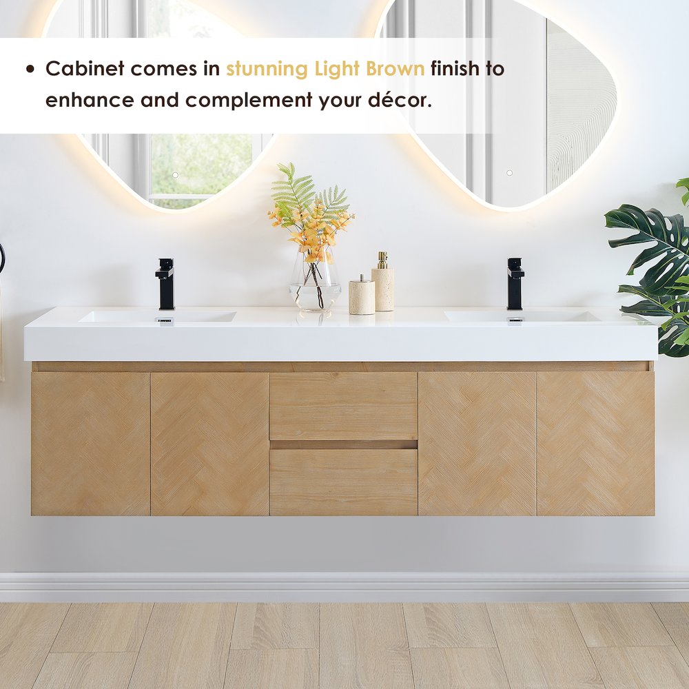 Double Bathroom Vanity in Light Brown White Artificial Drop-in Sink