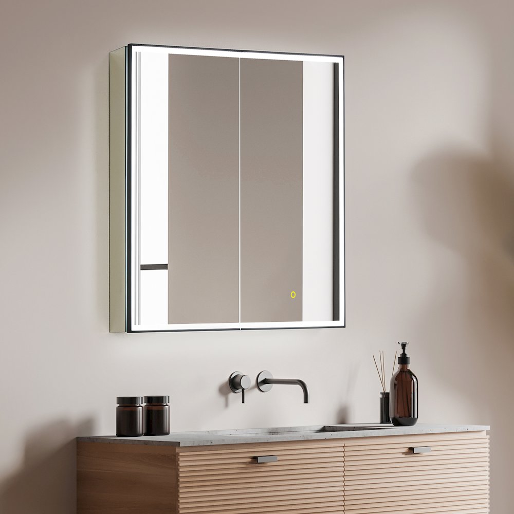 36"x32" Rectangular Bathroom Black Aluminum Mirror Medicine Cabinet
