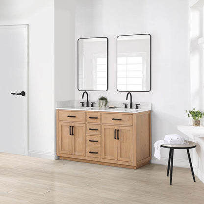 60" Double Bathroom Vanity in Light Brown with Mirror