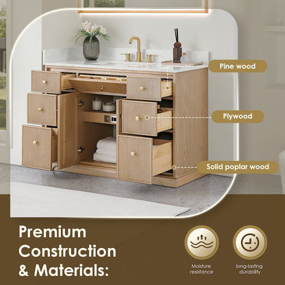 48" Single Bathroom Vanity in Natural Oak with Engineered Stone Countertop