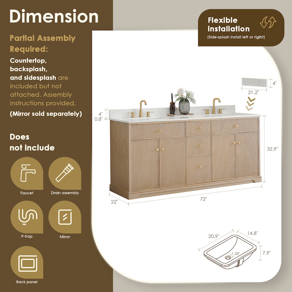 72" Double Bathroom Vanity in Natural Oak with Engineered Stone Countertop