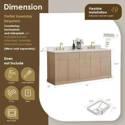 72" Double Bathroom Vanity in Natural Oak with Engineered Stone Countertop