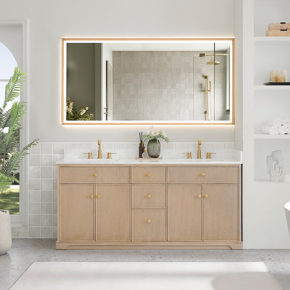 72" Double Bathroom Vanity in Natural Oak with Engineered Stone Countertop