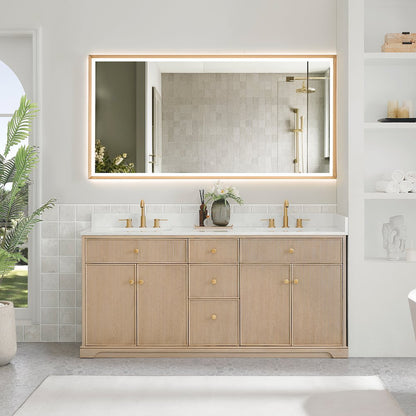 72" Double Bathroom Vanity in Natural Oak with Engineered Stone Countertop