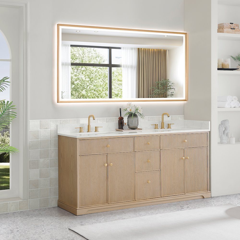 72" Double Bathroom Vanity in Natural Oak with Engineered Stone Countertop