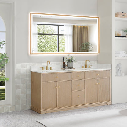 72" Double Bathroom Vanity in Natural Oak with Engineered Stone Countertop