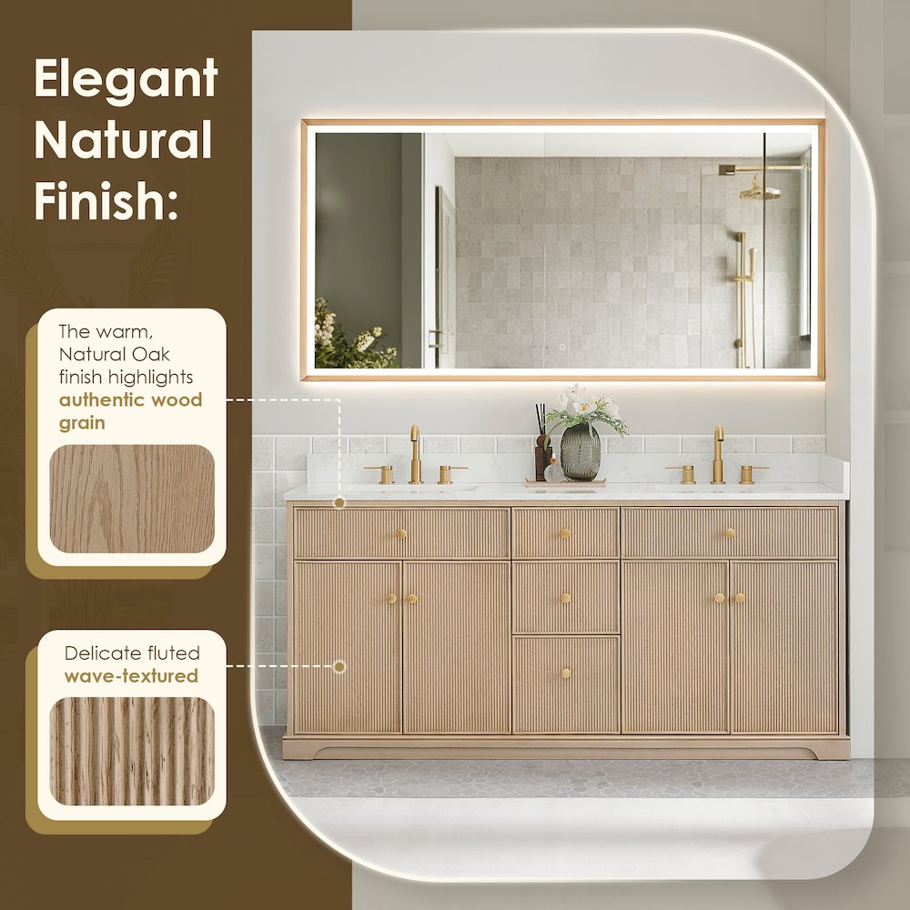 72" Double Bathroom Vanity in Natural Oak with Engineered Stone Countertop