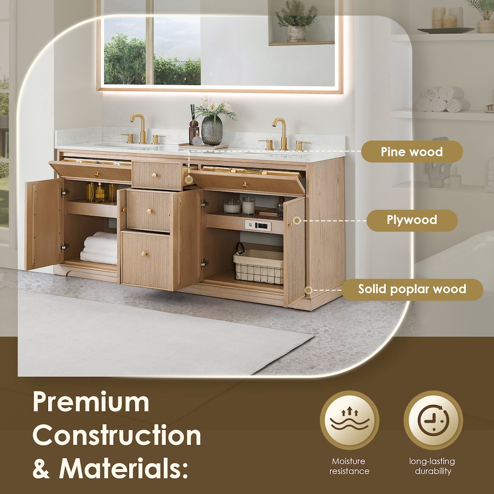 72" Double Bathroom Vanity in Natural Oak with Engineered Stone Countertop