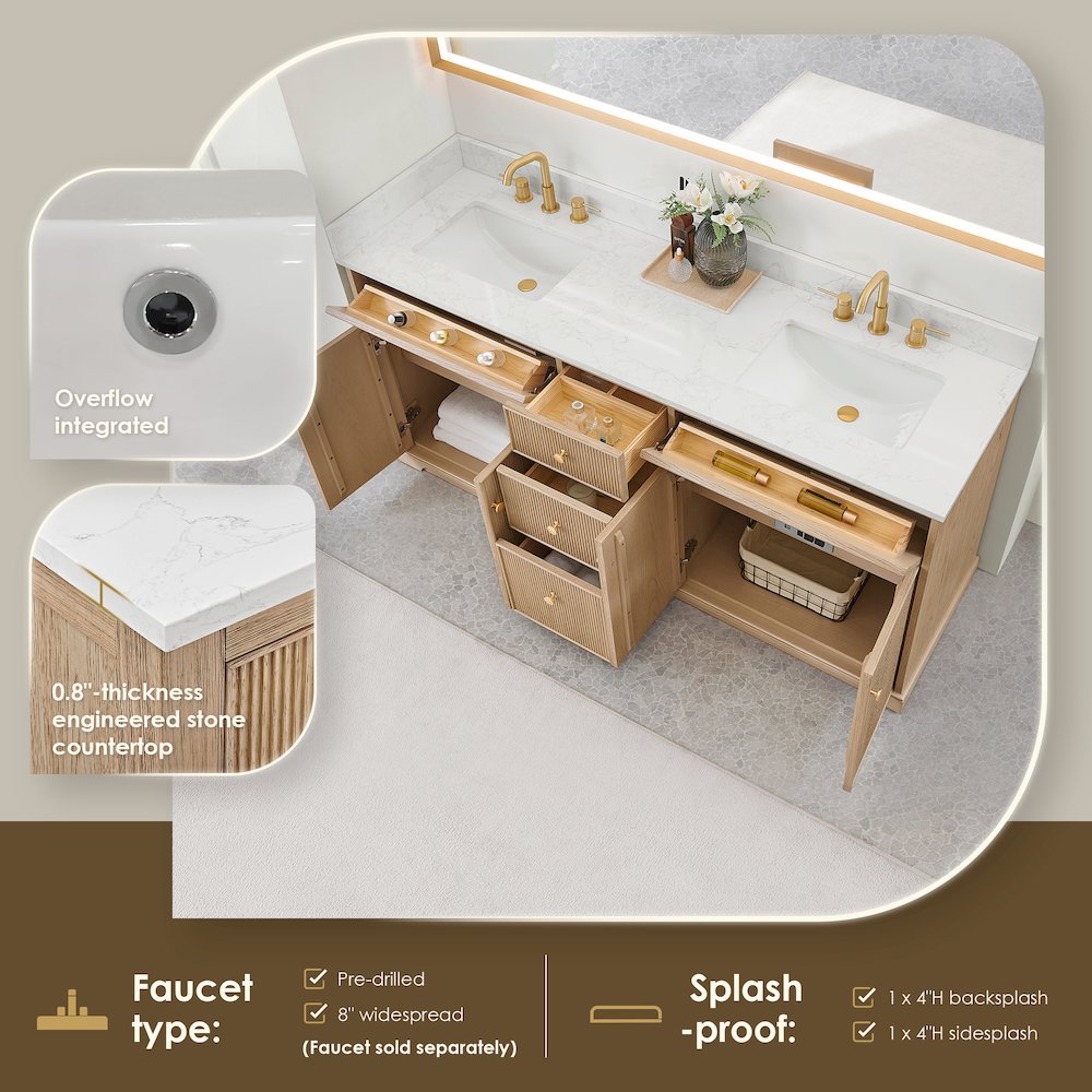 72" Double Bathroom Vanity in Natural Oak with Engineered Stone Countertop